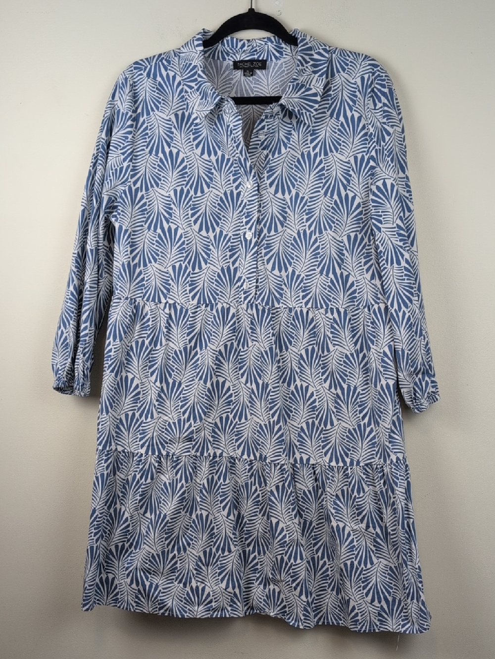 Rachel Zoe Blue Leaf Print Cotton Shirt Dress Size XL